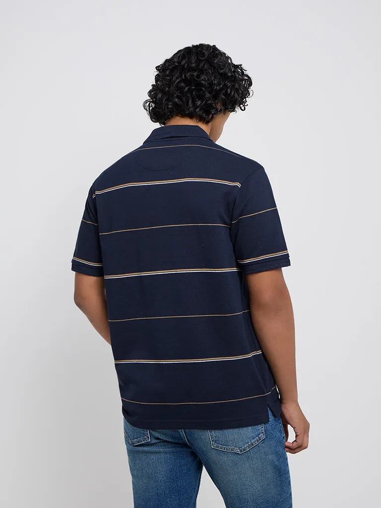 WES Casuals Navy Blue Relaxed-Fit Cotton-Blend Polo T-Shirt
