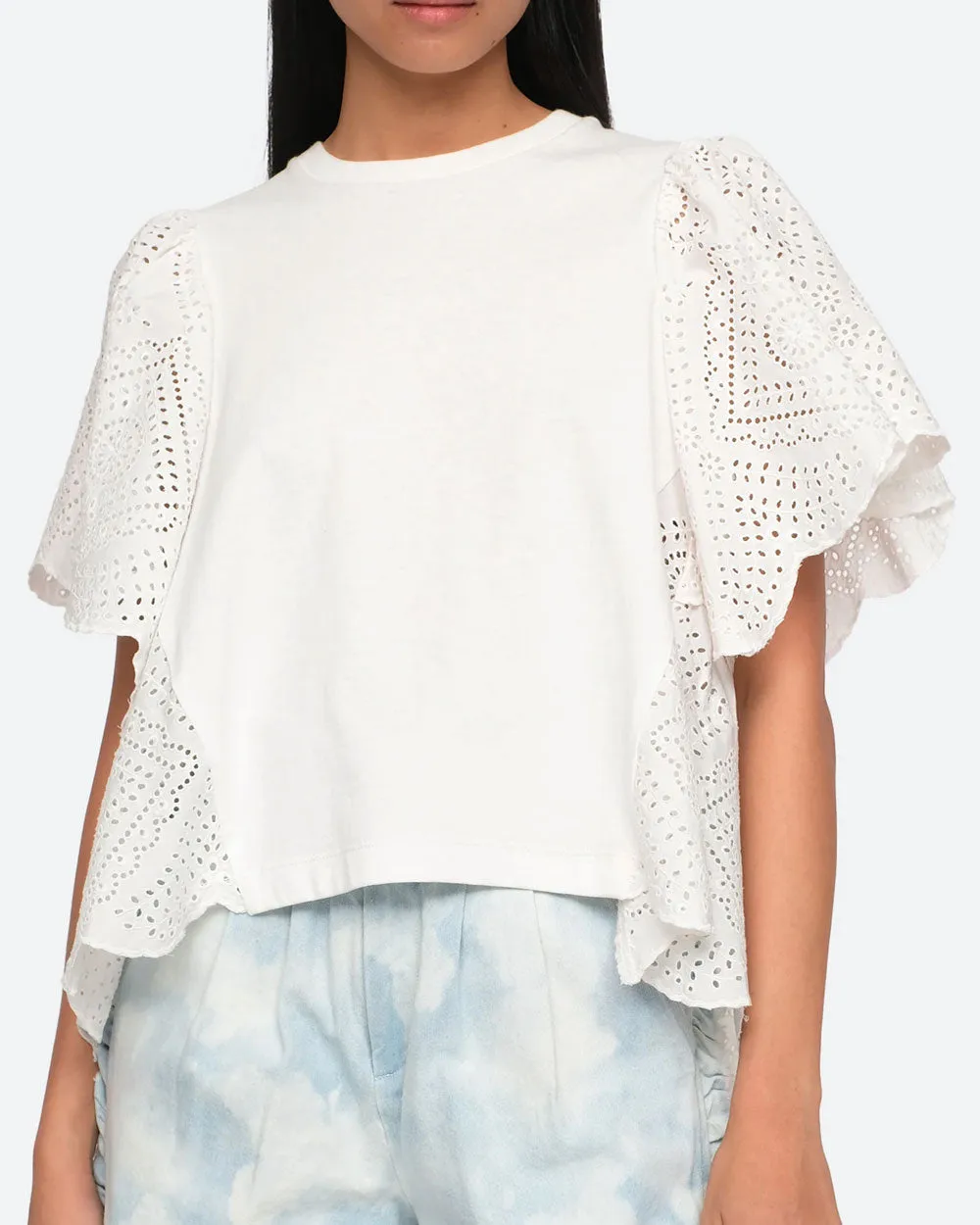 White Eyelet Flutter Sleeve Tee